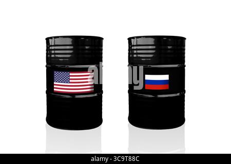 Rohölfässer mit USA- und Russland-Flaggen. Sanktionen und Embargo für Russland Stockfoto