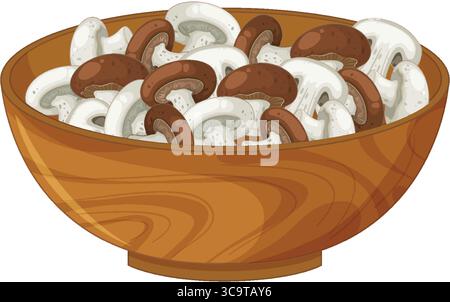 Vektor-Illustration von frisch geschnittenen weißen und braunen Pilzen, die in einer natürlichen Holzkornschale angeordnet sind, mit klaren Linien und flachen Farben Stock Vektor