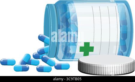 Vektor-Illustration von blauen Kapseln, die aus einer transparenten verschreibungspflichtigen Flasche mit einem grünen Kreuz, silbernem Deckel daneben, sauberer digitaler Stil gießen Stock Vektor