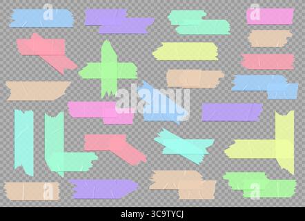 Transparente Klebebänder mit bunten Papierstücken für Notizen und Etiketten. Selbstklebende Pastell-Rechtecke, gerissen oder geschnitten für Scrapbooking und Büroorganisation. Notizzettel mit rauen Kanten. Stock Vektor