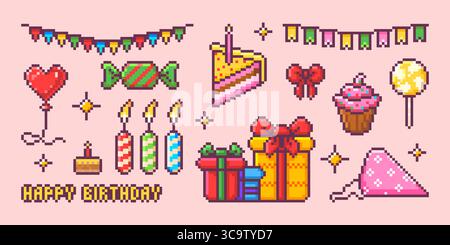 Pixel-Geburtstagsparty mit bunten Fahnen, Herzballon, eingewickelten Süßigkeiten, Kerzen und Kuchenscheibe für festliches Spieldesign. Geschenkboxen, Cupcake und Partyhut. Retro 8 Bit Celebration Kollektion. Stock Vektor