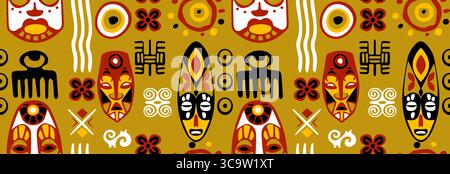 Afrikanisches Doodle-Muster mit Stammessymbolen, Masken und geometrischen Mustern auf braunem Hintergrund. Bunte ethnische Motive mit roten, schwarzen und weißen Elementen für Textildruck oder kulturelle Tapeten Stock Vektor