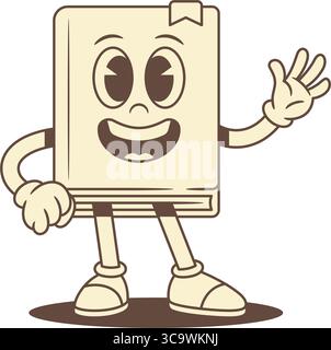 Nette lustige kindliche Buch Karikatur Charakter Smiley Hi Hallo Vektor Illustration. Comic lächelnd minimalistisches Lehrbuch Literatur Bibliothek Maskottchen Gruß W Stock Vektor