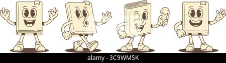 Fröhliche positive kindliche Buch-Zeichentrickfigur Emoji Set Vektor-Illustration. Komische, lustige, minimalistische Literatur-Bibliothek, Maskottchen, Walking gre Stock Vektor