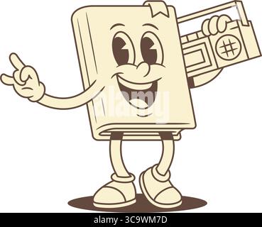 Lächelnder kindlicher Buchcartooncharakter mit Audio-Player-Vektor-Illustration. Fröhlicher Comic minimalistischer Literaturbibliothek Maskottchen Hörmus Stock Vektor