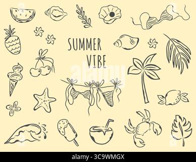 Doodle Sommer-Set. Handgezeichneter Vektor-Bikini, Muschel, Palmblätter, Krabben und Früchte Stock Vektor