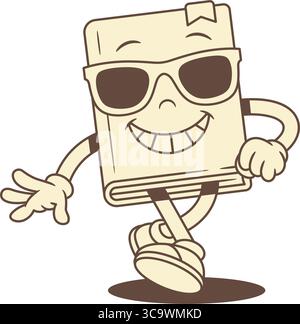 Coole stilvolle kindliche Buch-Zeichentrickfigur in Sonnenbrille Vektor Illustration. Funky lächelnd minimalistisches Lehrbuch Literaturbibliothek Leserziehung Stock Vektor