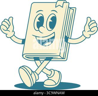 Comic kindish Buch Zeichentrickfigur zeigt Daumen hoch Vektor Illustration. Lächelnde Emoticon minimalistische Lehrbuchliteratur-Bibliothek lesen Erziehung mA Stock Vektor