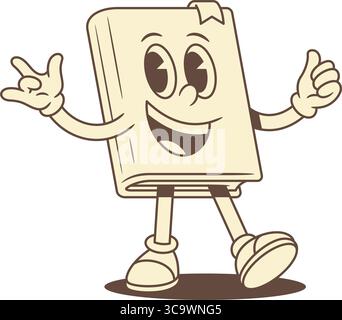 Comic-kindliche Buch-Zeichentrickfigur mit positiver Emotionsvektor-Illustration. Niedlich lächelnde minimalistische Lehrbuchliteratur-Bibliothek Leserziehung Stock Vektor