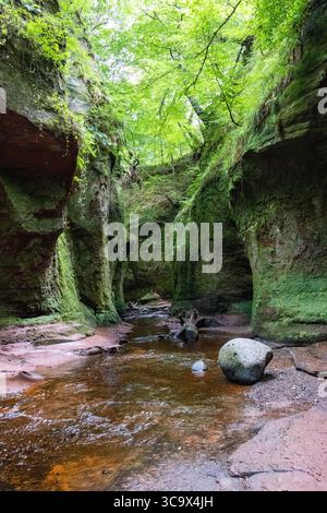 Malerische, moosbedeckte Schlucht mit dramatischen Felswänden, üppigem Grün und einem friedlichen Bach, der durch den Wald fließt – ein verstecktes Naturwunder Stockfoto