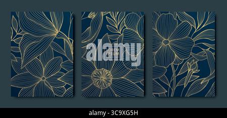 Vektor-Set von Fantasy-Blumen, Linie Golden auf blauen luxuriösen Blumenbezügen, botanisches romantisches Ornament. Tropische Vintage-Poster für Hochzeits-Frühling, Laub Stock Vektor