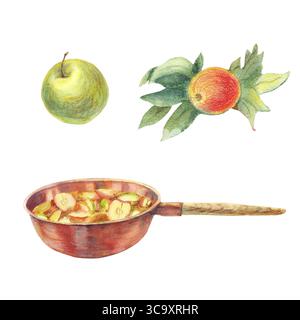 Grüne und rote reife Äpfel mit Blättern, runde Kupferpfanne mit Marmelade und Holzgriff. Set mit Clips in Aquarellfarben. Für Kochbücher, Kücheneinrichtung, Ruhe Stockfoto