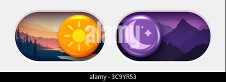 Kippschalter ein und aus. Dunkler Modus und heller Modus. Materialausführung Schaltersatz. Schalter für Tag- und Nachtmodus. Vektorabbildung. Stock Vektor