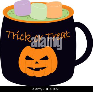 Halloween Black Cup mit Jack Laterne Trick or Treat Text auf der Vorderseite und Marshmallow in Hexentrank. Isolierte Vektor-Illustration Halloween Grußkarten verwandte Inhalte, Faltblätter, Posts, Preisetiketten Stock Vektor