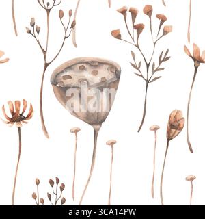 Wildfeldblumen nahtloses Muster mit trockenem Lotus, Kamille in beigen und rosa Farben. Handgezeichneter floraler Hintergrund in Pastellfarben für Gi Stockfoto