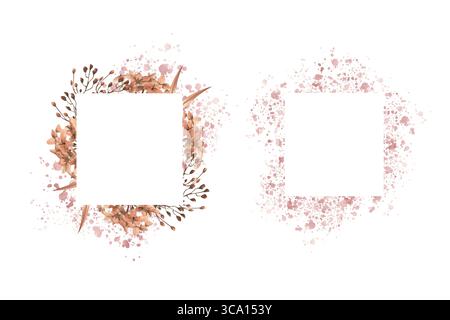 Aquarell elegantes Blumenbanner-Set. Handgezeichnete Rahmen mit Trockenfeldblumen, Hortensien, Lotus in Beige und rosa neutralen Farben für Eleganz Stockfoto