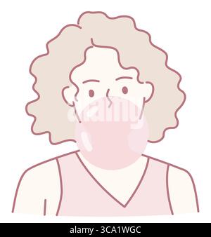 Ein fröhliches und verspieltes Mädchen mit lockigen Haaren bläst einen Kaugummi in einem trendigen und minimalistischen künstlerischen Stil Stock Vektor