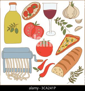 Handgezeichnete italienische Küche, Zutaten und Gerichte Illustration Set Stock Vektor