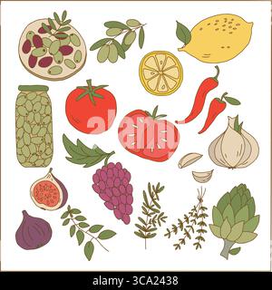 Handgezeichnetes mediterranes frisches Gemüse Obst und Kräuter Illustrationsset Stock Vektor