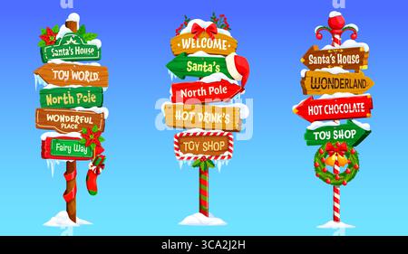 Weihnachten und Weihnachten hölzerne Schild und Nordpol Beschilderung für Winterferien, Zeichentrickvektor. Weihnachtsschilder oder -Schilder mit Willkommen im Santa House und Souvenirladen mit Weihnachtsdekoration Stock Vektor