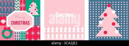 Moderne rosafarbene Weihnachtsvektorset von Bannern oder Grußkarten mit abstrakten Bäumen, Schneeflocken und Weihnachtsdekorationen. Stock Vektor