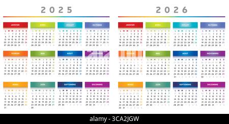 Kalender 2025 und 2026 mit Feldern in Regenbogenfarben 4 Spalten – Französisch Stock Vektor