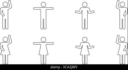 Symbolsatz „Stabfigur Geste“. Sammlung Von Symbolen Für Menschliche Kommunikation Und Körpersprache. Männliche Und Weibliche Figuren In Verschiedenen Posen. Bearbeitbar Stock Vektor