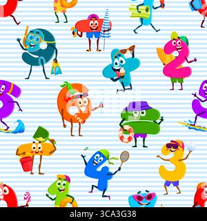 Nahtloses Muster für mathematische Zahlen und Ziffern. Mathematik Ziffern und Symbole, Kinder Bildung Zählen und arithmetische Figuren glückliche Cartoon Vektor Zeichen auf Sommerurlaub nahtlose Muster Stock Vektor