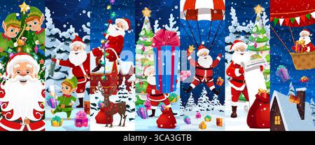 Weihnachtscollage mit lustigen Weihnachtsleuten, die Weihnachtsstimmung verkörpern. Cartoon-Vektorszenen mit Vater Noel, der Geschenke im Heißluftballon liefert, Fallschirmspringen, Kiefer mit Elfen dekoriert Stock Vektor