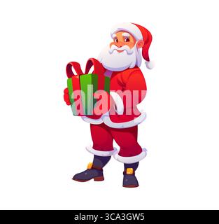 Cartoon Santa Claus Charakter mit Weihnachtsgeschenkkasten in Händen für Winterferien, Vektorpersönlichkeit. Happy Santa With Lächeln hält Weihnachten Geschenkbox mit Bändern für frohe Weihnachten und Silvesterferien Stock Vektor