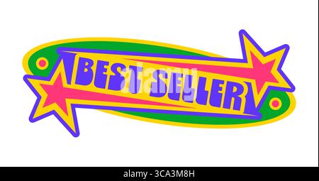 Bestseller Y2K grooviger Aufkleber oder Hippie-Symbol. Lustiges positives Cartoon-Vektor-Label, Vintage 80er Jahre funky Aufkleber. Niedlicher Y2K-Tag im Retro-Look oder grooviger Hippie-Patch aus den 60er Jahren mit farbenfroher Typografie und Sternen Stock Vektor
