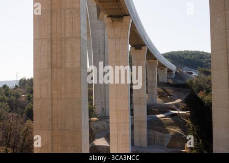 Baustelle eines Betonfertigteilbahnviadukts in einer hügeligen Landschaft. Massive industrielle Überführungen werden mit Kränen und Hea montiert Stockfoto