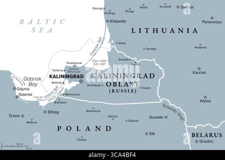 Kaliningrad und Umgebung, graue politische Karte. Kaliningrader Oblast, Exklave und westlichste Bundessubjekt Russlands über die Ostsee. Stockfoto
