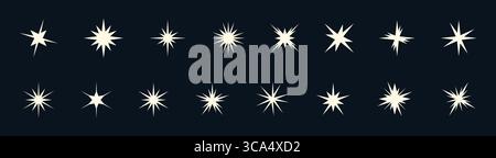 Funkelnde Sternlichtformen im Clean Vector Set. Funkelnde Lichter, Blitze und Funkeln mit Retro-Charme. Ideal für Visuals, Aufkleber oder zu Feierlichkeiten Stock Vektor
