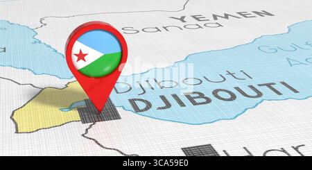 Dschibuti - Standort mit Nationalflagge auf politischer Karte - 3D-Illustration Stockfoto
