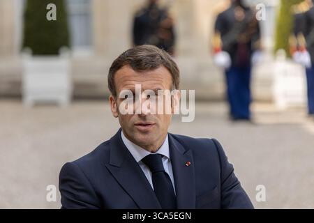 April 2021, Paris, Ile-de-France (Region, Frankreich: Arbeitsessen zwischen dem Präsidenten der Republik, Herrn Emmanuel MACRON, und dem Premierminister der Republik Slowenien, Herrn Janez JANSA, am Donnerstag, den 29. April 2021 (Foto: © Sadak Souici/ZUMA Press Wire) Stockfoto