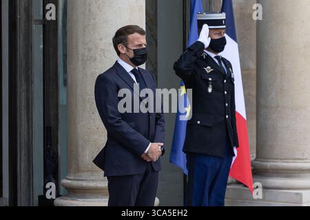 April 2021, Paris, Ile-de-France (Region, Frankreich: Arbeitsessen zwischen dem Präsidenten der Republik, Herrn Emmanuel MACRON, und dem Premierminister der Republik Slowenien, Herrn Janez JANSA, am Donnerstag, den 29. April 2021 (Foto: © Sadak Souici/ZUMA Press Wire) Stockfoto