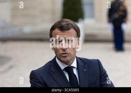 April 2021, Paris, Ile-de-France (Region, Frankreich: Arbeitsessen zwischen dem Präsidenten der Republik, Herrn Emmanuel MACRON, und dem Premierminister der Republik Slowenien, Herrn Janez JANSA, am Donnerstag, den 29. April 2021 (Foto: © Sadak Souici/ZUMA Press Wire) Stockfoto