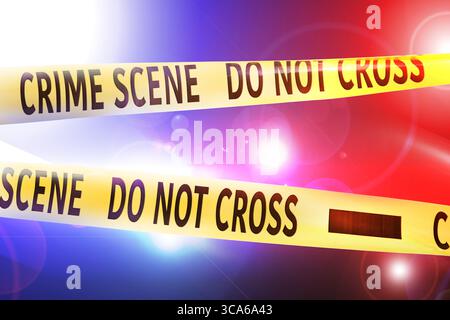 Polizei rote und blaue Lichter und gelbe Kriminalszene nicht kreuzen Klebeband Stockfoto