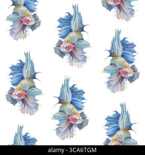 Nahtloses Muster mit kämpfenden siamesischen Aquariumfischen betta splendens strukturiert in Aquarell auf neutralweißem handgemalten Hintergrund gemalt Stockfoto