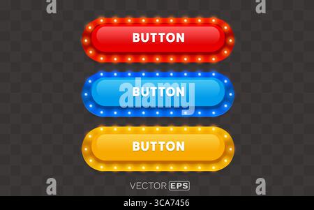 Neonlichtschalter, Rahmenbeschriftung, Event Bar Casino, Tasten mit Farbe. Vektor Stock Vektor