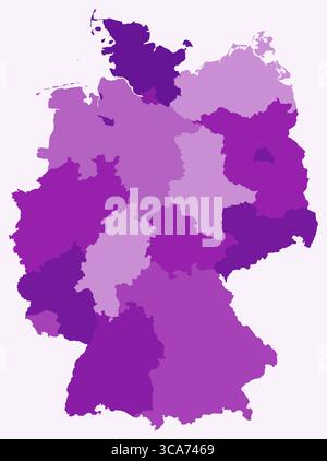 Karte von Deutschland mit Regionen. Nur eine einfache Ländergrenzkarte mit regionaler Aufteilung. Lila Farbpalette. Stock Vektor