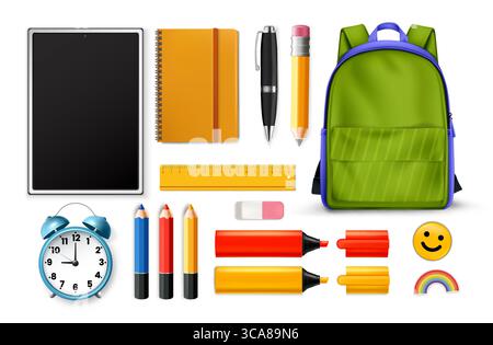 Ein realistisches Set von Schulartikeln. Stock Vektor