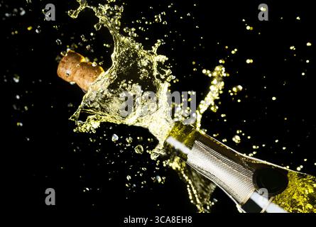 Nahaufnahme eines Sektkorks, der aus der Sektflasche fliegt. Festthema mit Explosion von spritzendem Sekt auf schwarzem Hintergrund Stockfoto