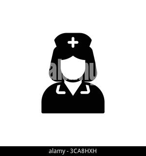 Dieses schwarz-weiße Symbol zeigt eine Krankenschwester, die eine Mütze mit einem medizinischen Kreuz trägt, die den Gesundheitsberuf und das Mitgefühl in der medizinischen Settin repräsentiert Stock Vektor