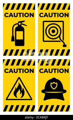 Set von Warnschildern, die Brandschutzelemente wie Feuerlöscher und Alarme hervorheben. Diese Visuals fördern das Bewusstsein und die Vorsorge für Notfälle Stock Vektor