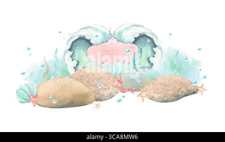 Herzförmige Wellen mit rosafarbenem Hintergrund, Unterwassersteinen, Algen, Blasen. Aquarell-Kinderillustration isoliert vom Hintergrund mit Stockfoto