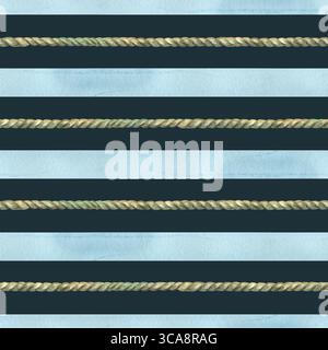 Diese nahtlose handgemalte Aquarellillustration zeigt horizontale Streifen aus verdrehten Seeseilen in dunklen Meeresfarben, ideal für Stockfoto