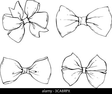 Set mit Schleifen, Bindeband, Coquette-Textil aus Satin- und Seidenbändern. Handgezeichnete Illustration in schwarzer Tinte im Stil von Liniengrafiken. Für Frauen Stock Vektor