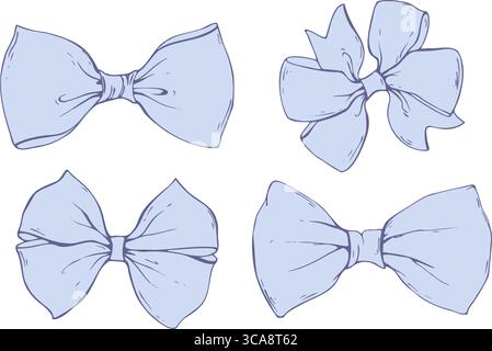 Set aus blauem Textilband mit Schleife aus Satin- und Seidenbändern. Handgezeichnete Illustration in Tinte in Grafiken im Stil der Liniengrafik. Für Frauen, Mädchen, Jungs Stock Vektor